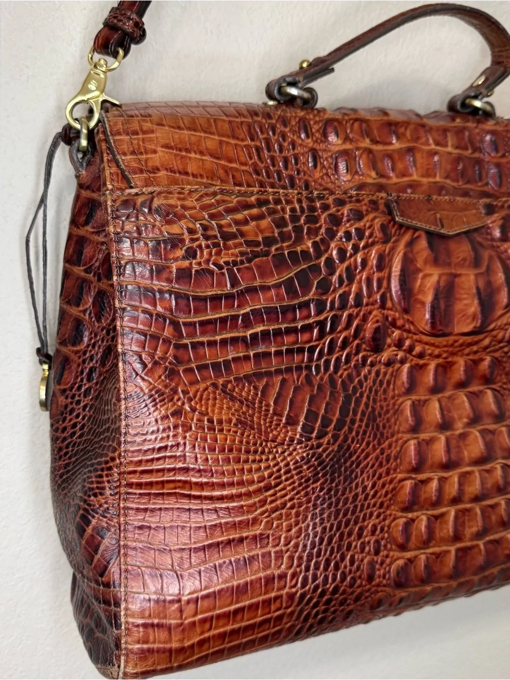 BRAHMIN | Cognac Croc-Embossed Leather Satchel with Gold Hardware